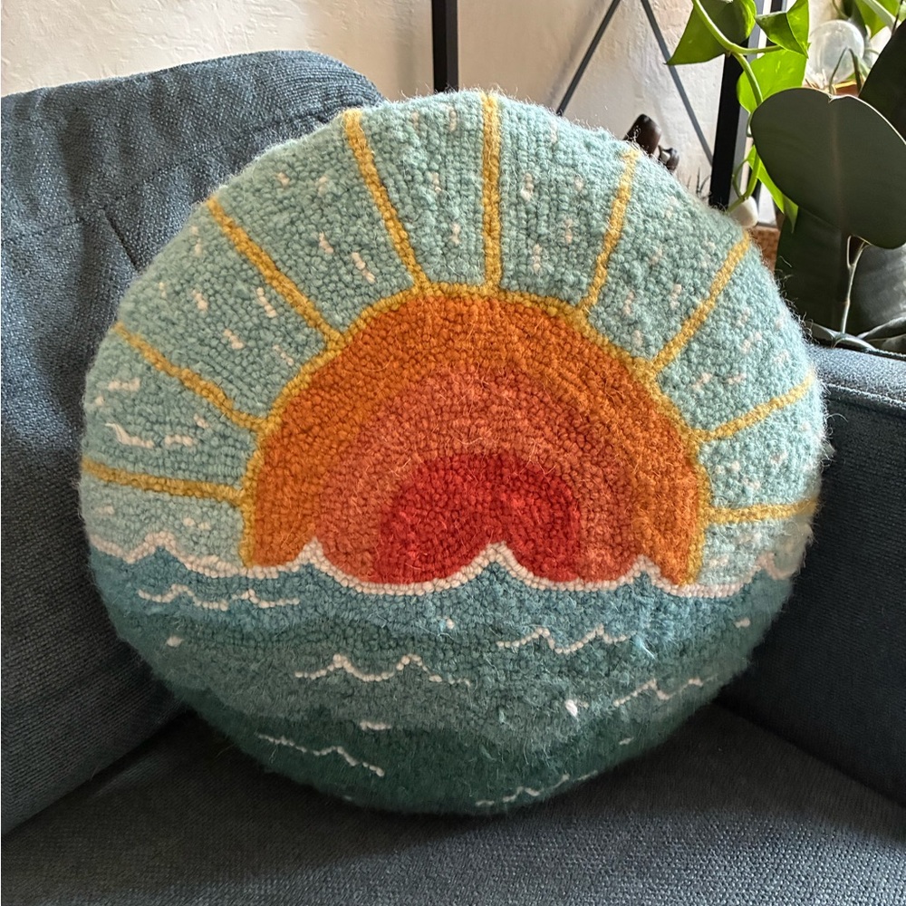 Source Unknown Round Hooked Pillow in Teal, Orange, Red, Yellow